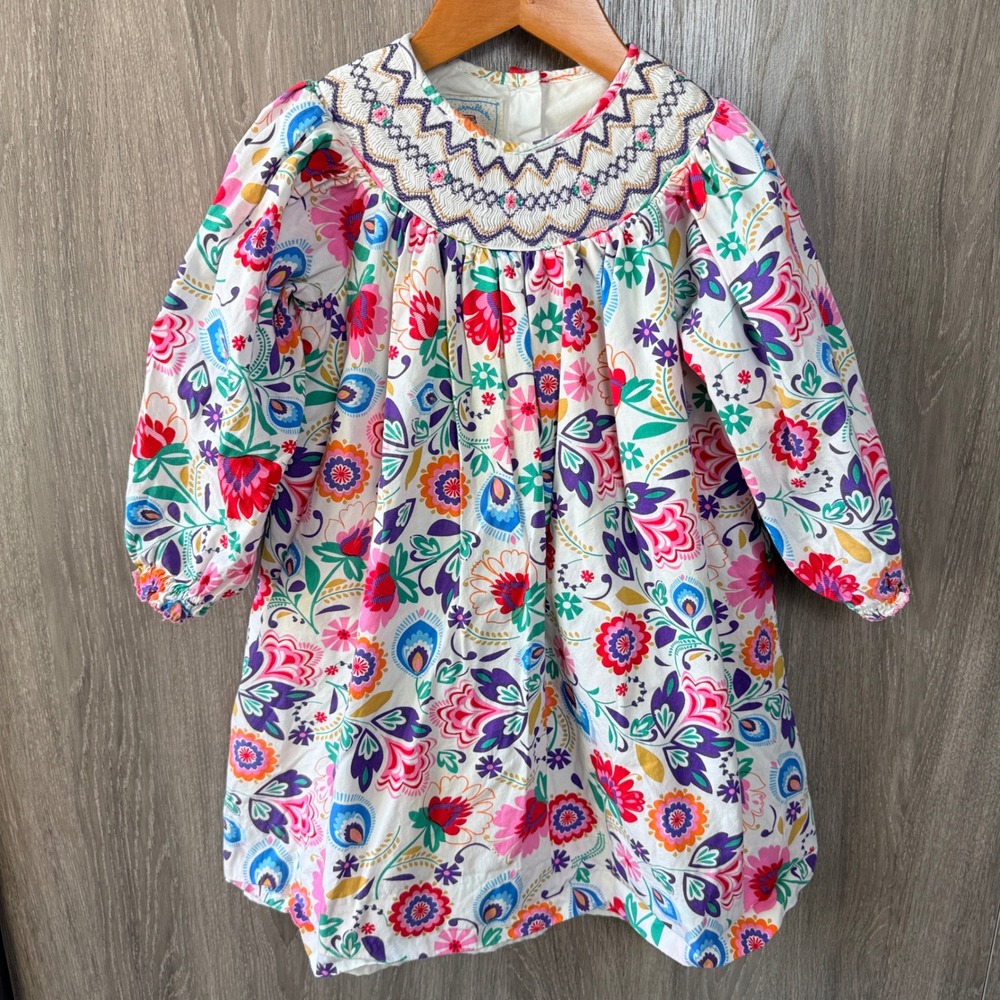 Marmellata Floral Smocked Dress Girls 4T Multicolor Boho Cottage Pleated Preppy
